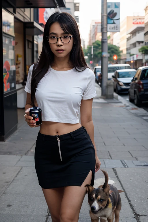 Young sweet beautiful Indonesian girl, 22 years old, slim body, georgeus face, sweaty georgeus wavy black hairs, wearing white thin long sleeve very transparent long very strict t-shirt, wearing see through thin very tranparent very strict white sporty trousers, no underwear, sweat on all her skin make all her clothes very wet, all her body and face are wet, hairy vagina visible through and exposed cast to her trousers, kneeling cheerful on Bogor city sidewalk near the sport center, realistic, very detail, no cartoon, cute sweet smiling face, wearing glasses, wearing sporty shoes,