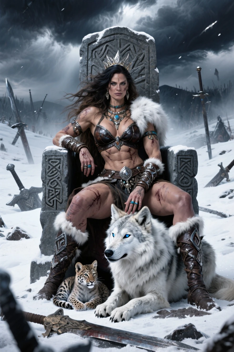 illustration, supermodel witch, nude woman with wolf ,fantasy illustrations of by Elmore_Style_LX , standing pose, Witches and warriors, sexy, skimpy, slutty, adventure, cinematic, epic outdoor location, fantasy illustration, cinematic scene by forgotten realms, 1woman barbarian, skimpy armor, Huge breasts, bikini armor, sexy barbarian nude , with sword with a magic items, in the background epic winter sunset Fantasy masterpiece by Larry Elmore , dragonlance , <lora:Elmore_Style_LX-000010:0.6>
