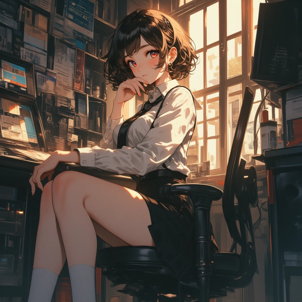 (depth of field:1.5),(full body shot:1.4),(high resolution:1.1) BREAK
(A quiet corner of the school newspaper office, a student hunched over a desk, meticulously editing an article under a deadline pressure lamp's harsh glow.:1.3) BREAK
1girl,Perched on countertop, leaning back on elbows,(Mohawk:1.2),(Light brown eyes:1.3) BREAK
Fishnet Stockings - Black or red, sheer fabric hugging legs, ending just above knees. BREAK