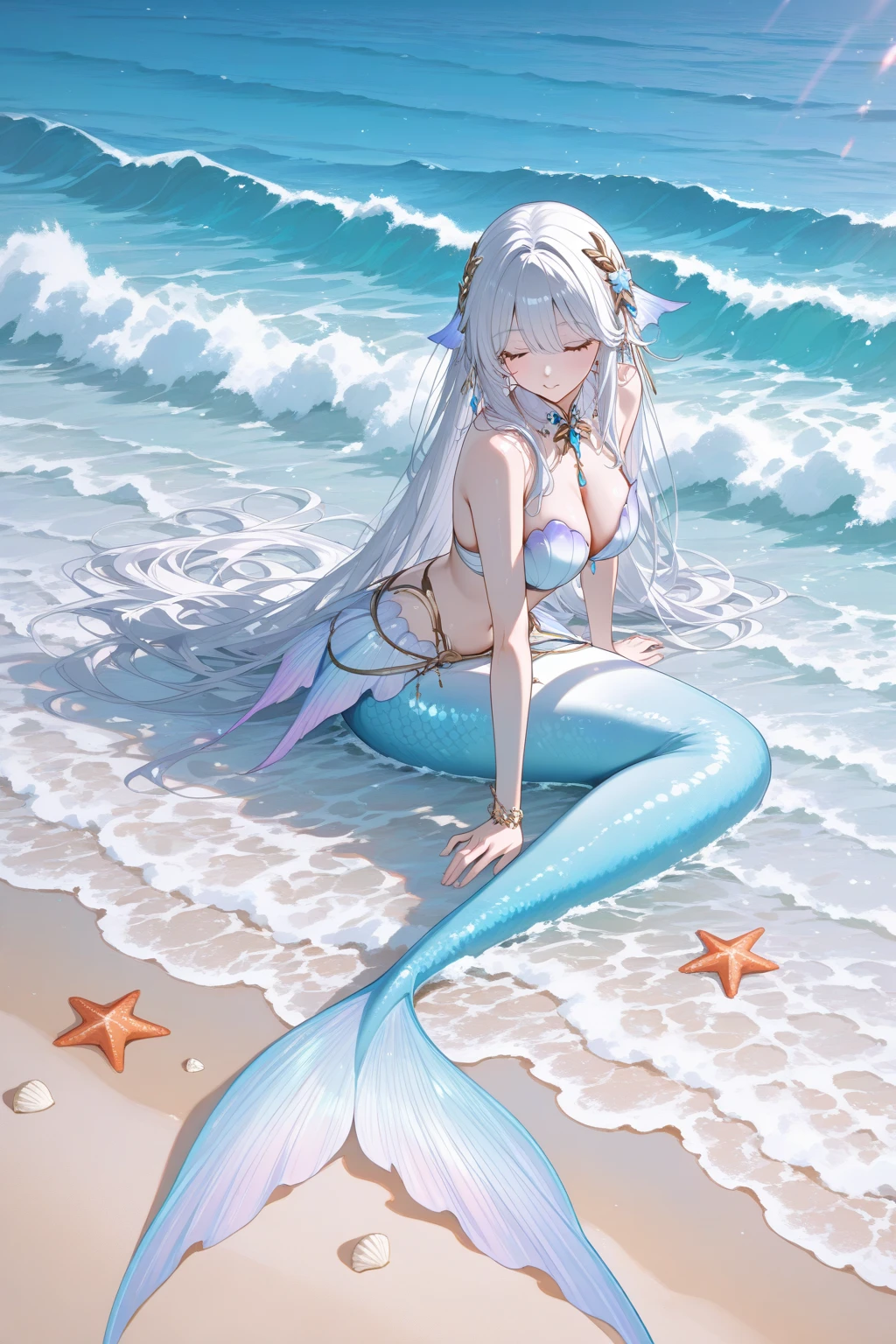 A beautiful mermaid girl with an elegant sits gracefully on a rock at the bottom of the sea. Her long, silky hair is pure white, gently swaying in the water's current.