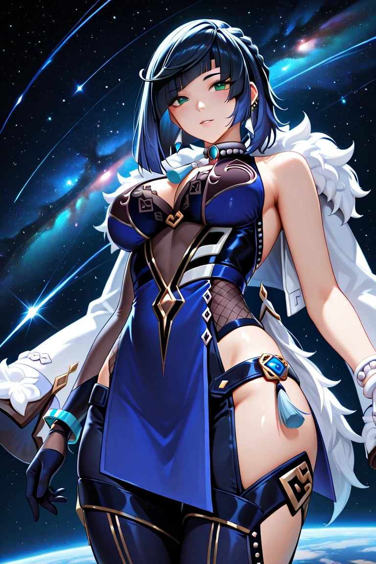 masterpiece, best quality, yelan \(genshin impact\), 1girl, breasts, solo, bangs, armpits, smile, cleavage, jewelry, gloves, jacket, dice, mole, cloud, grin, dress, blush, earrings, thighs, tassel, sleeveless, day, outdoors, large breasts, looking at viewer, green eyes, arms up, short hair, blue hair, vision (genshin impact), fur trim, white jacket, mole on breast, arms behind head, bob cut, multicolored hair, black hair, fur-trimmed jacket, elbow gloves, bare shoulders, blue dress, parted lips, diagonal bangs, clothing cutout, pelvic curtain, asymmetrical gloves,Chinatown, cinematic, warm lights, dramatic light, (intricate details:1.1), complex background  <lora:Yelan_Hard:1> <lora:Suruga-Style-000120:1>