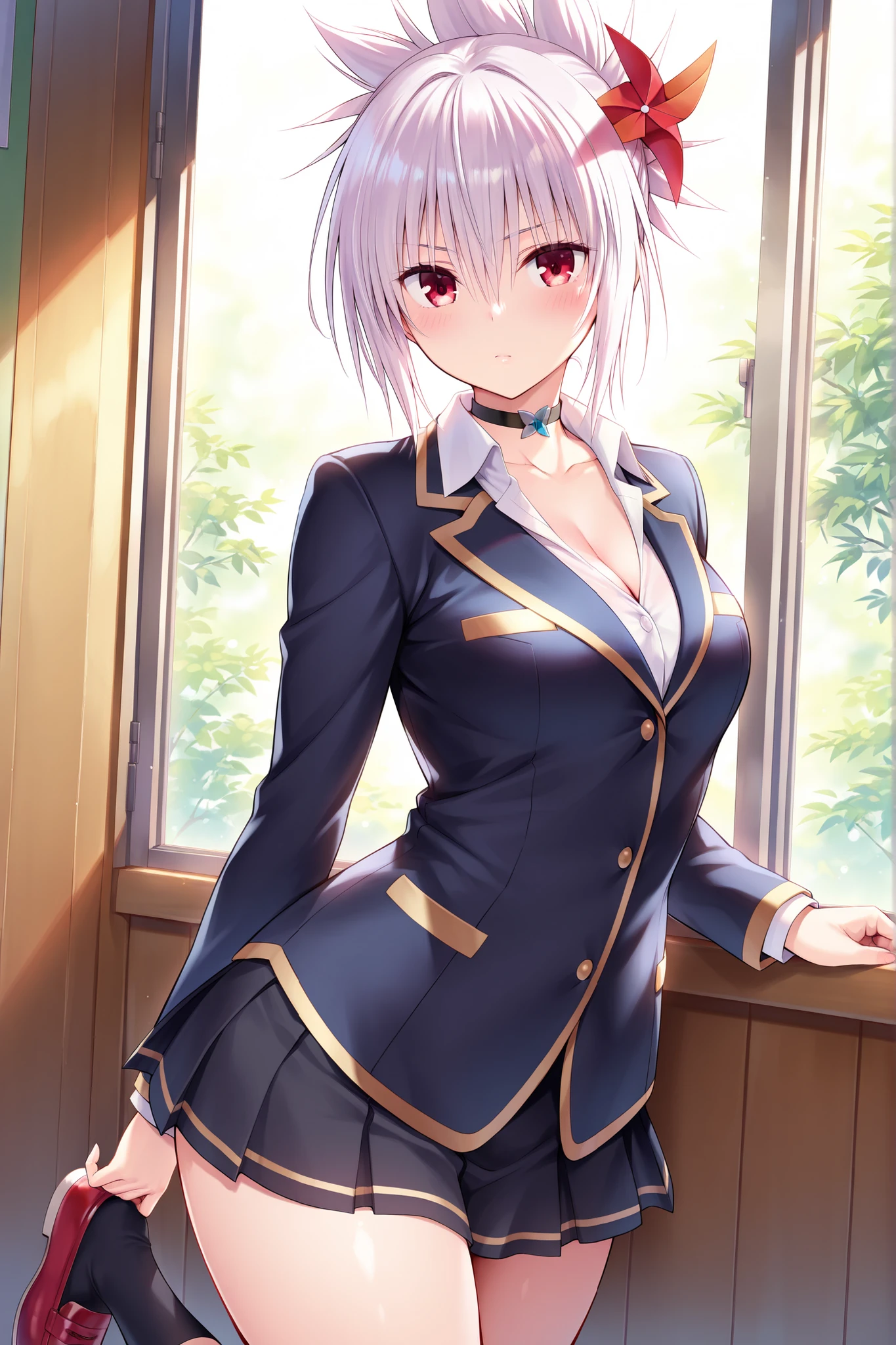 solo,masterpiece,best quality,super fine illustration、finely detail 、clear picture、UHD、HDR, amazing quality, highres, absurdres, very aesthetic, high resolution, ultra detailed, perfect details,(masterpiece, detailed:1.2)、Kazamaki Matsuri (Ayakashi Triangle), short hair, white hair, folded ponytail, hair ornament, red pinwheel hair ornament, sidelocks, hair between eyes, bangs, red eyes, medium breasts, thighs, black choker, collarbone, cleavage, school uniform, black jacket, collared shirt, white shirt, long sleeves, miniskirt, black skirt, pleated skirt, black socks, red footwear,thick thighs