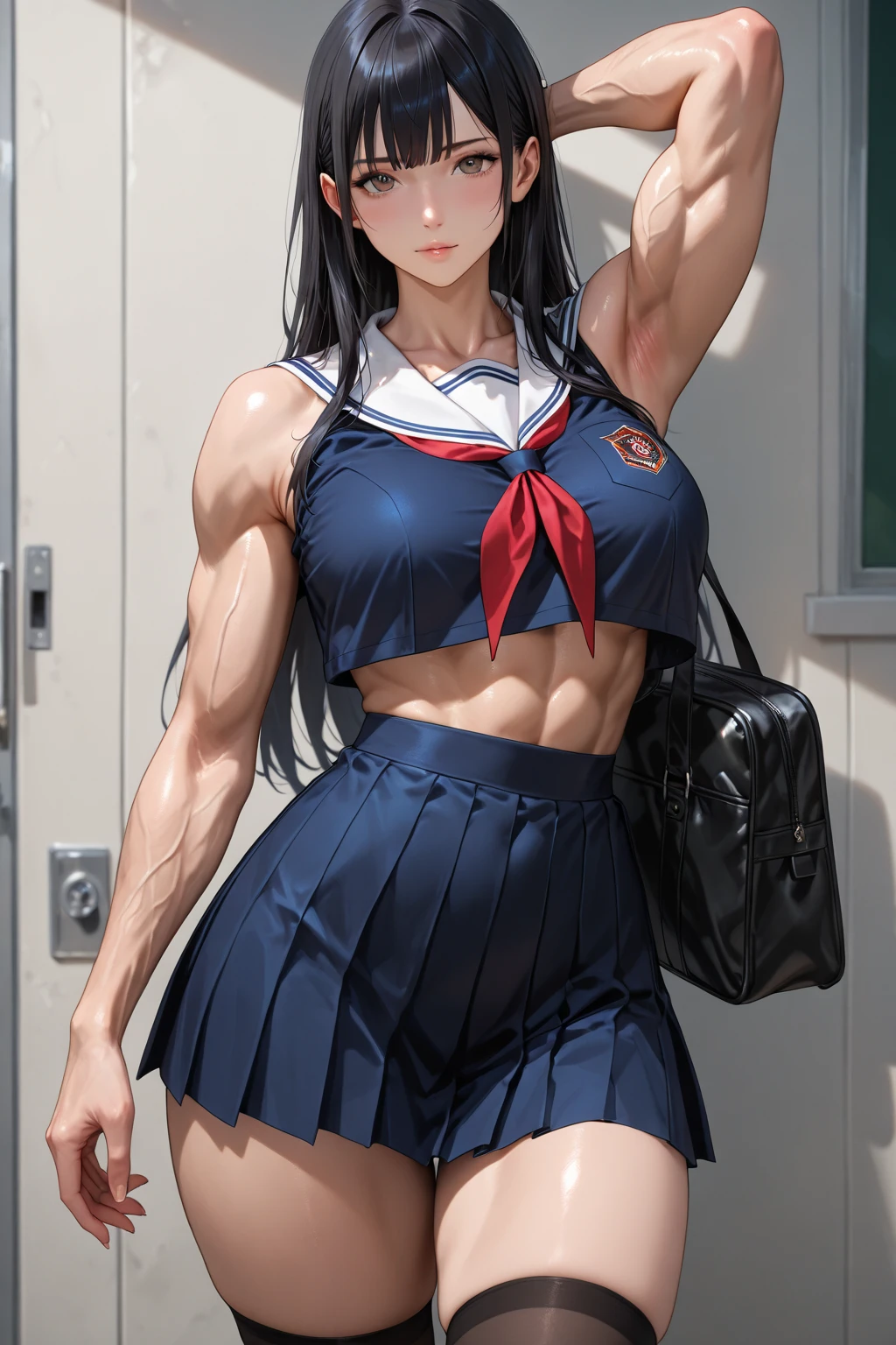 ,girl,blush, muscular female, alternate muscle size,school uniform,muscular ,room,biceps,torn clothes,skirt,panties,,muscular thighs,