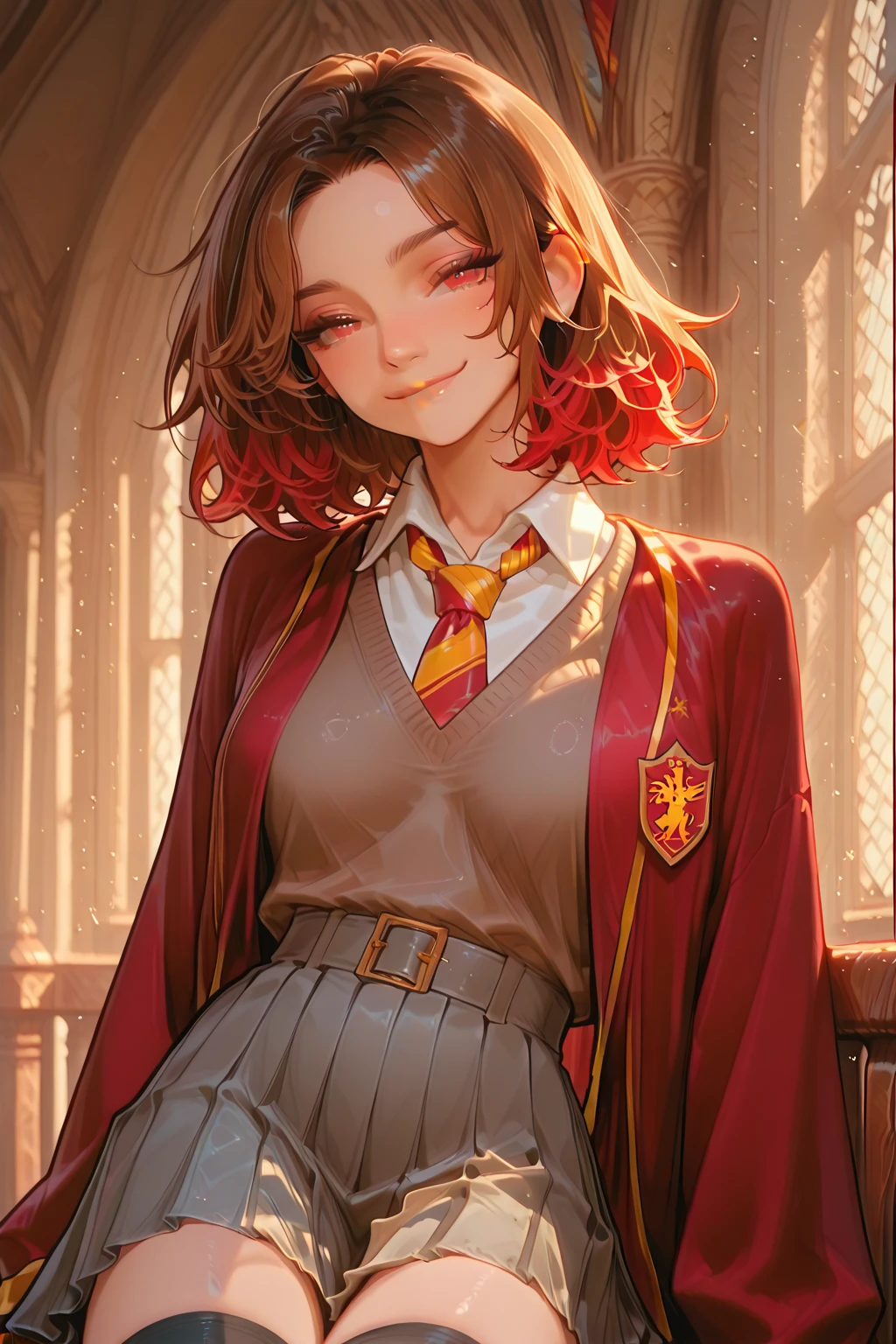 (best quality, masterpiece1.2), (detailed eye:1.2), intricate detail, 1girl, harry_potter, hogwarts school uniform, looking at viewer, smile, red hair, curly hair, wavy hair, freckles, pale skin, skirt, cape,