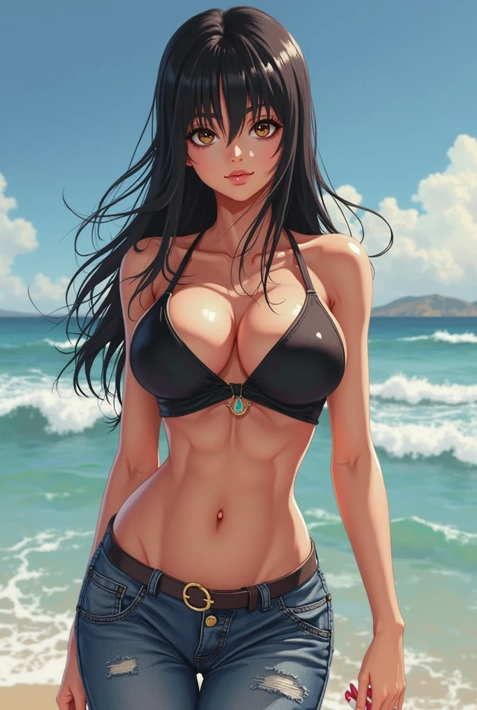 (A photo of upper body), Beautiful face, Highly detailed face and skin texture, (Detailed eyes), Brown eyes, Double eyelids, Thin eyebrows, Glitter eyeliner: 1.2, Natural cheeks, Shiny skin, Fair skin, (((with beach dress))), (Shiny lips: 1. 4), (Seductive smile), (20 years old), (Wavy hair, Diagonal bangs), ((black and blue hair)), mid hair, ((Upper body shot)), ((Focus on chest and face)), Medium large breasts, Upturned breasts.