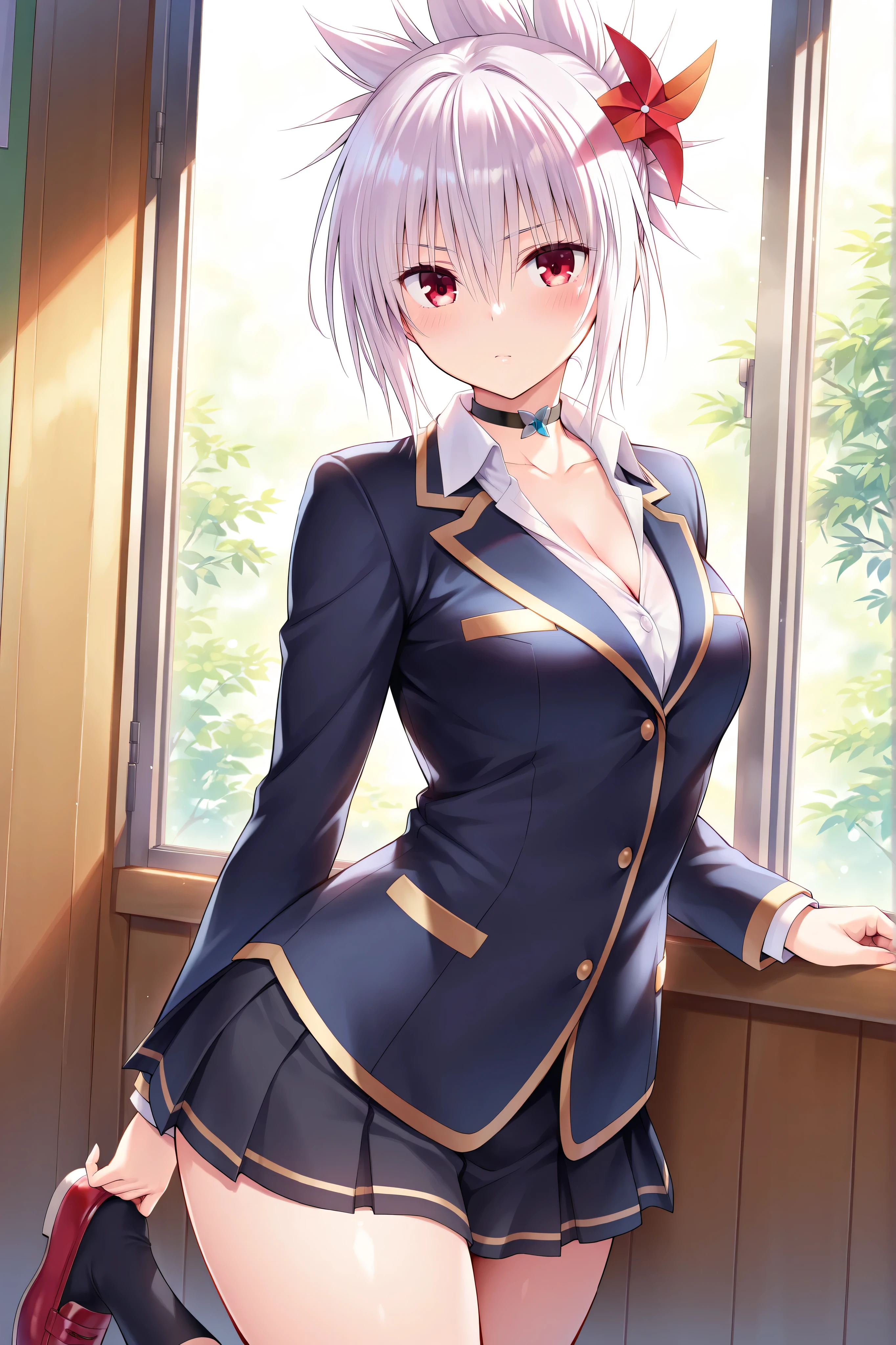 solo,masterpiece,best quality,super fine illustration、finely detail 、clear picture、UHD、HDR, amazing quality, highres, absurdres, very aesthetic, high resolution, ultra detailed, perfect details,(masterpiece, detailed:1.2)、Kazamaki Matsuri (Ayakashi Triangle), short hair, white hair, folded ponytail, hair ornament, red pinwheel hair ornament, sidelocks, hair between eyes, bangs, red eyes, medium breasts, thighs, black choker, collarbone, cleavage, school uniform, black jacket, collared shirt, white shirt, long sleeves, miniskirt, black skirt, pleated skirt, black socks, red footwear,thick thighs