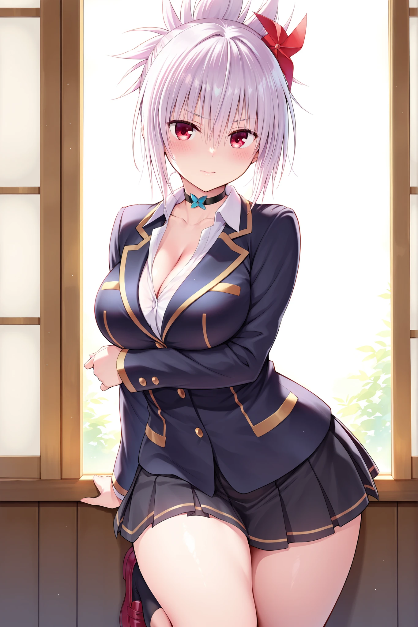 solo,masterpiece,best quality,super fine illustration、finely detail 、clear picture、UHD、HDR, amazing quality, highres, absurdres, very aesthetic, high resolution, ultra detailed, perfect details,(masterpiece, detailed:1.2)、Kazamaki Matsuri (Ayakashi Triangle), short hair, white hair, folded ponytail, hair ornament, red pinwheel hair ornament, sidelocks, hair between eyes, bangs, red eyes, large breasts, thighs, black choker, collarbone, cleavage, school uniform, black jacket, collared shirt, white shirt, long sleeves, miniskirt, black skirt, pleated skirt, black socks, red footwear,thick thighs