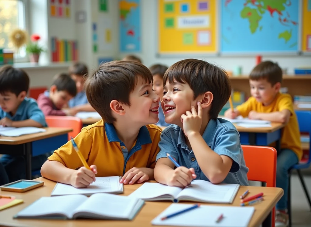 Boys sitting and standing hugging each other in classroom