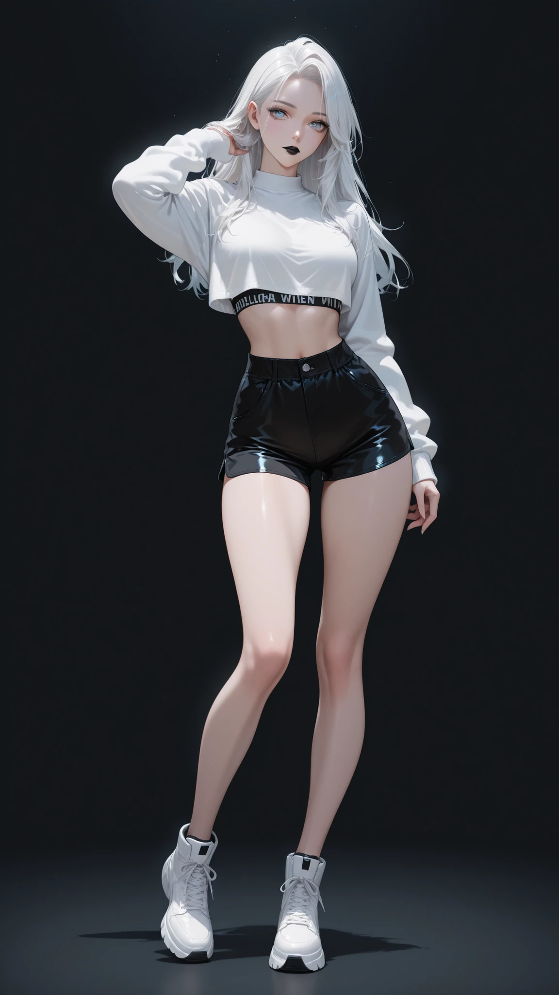 female, silver long hair with black highlights, red eyes,(((full body))), (((1girl))), (((red cropped tank top))), (black denim jeans), (black sneakers), (black belt), (black choker), cute and sexy, full body, large breasts, large butt, long legs, smiling, ultra detailled face