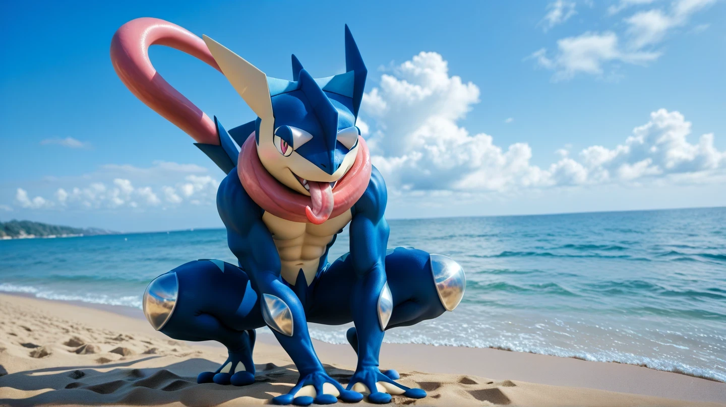 ( masterpiece, mejor calidad:1.2),Alone,greninja male \(Pokémon\),Pokémon \(creature\), full body, there are no humans, arms extended , blue skin , pants looking at the viewer ,blue sky, squatting posture , piernas abiertas , husky, husky, salivating, seductive look , Marked muscles, from below, hands raised upwards, on the beach, blue sky, white clouds, Blue Sea, squatting posture , hands on knees , sticking out the long tongue of Greninja