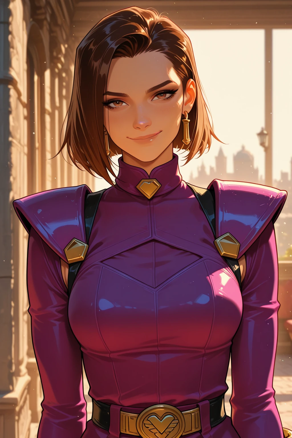 photo of mlp Meowko, RAW, beautiful woman, ((portrait)), ((detailed face:1.2)), ((anime face, anime facial feature, beautiful anime mouth, clear skin, clear skin), (short messy lesbian haircut, one shaved side, brunette: 1.55), (perfect proportioned body, Strong, muscular, narrow waist, narrow hips, skinny, large breasts), (wearing pink Warcraft leather armor, leather hunter armor: 1.4), (steampunk city streets: 1.15), (realistic photo, best quality, detailed), (8k wallpaper), (cinematic lighting, beautiful light, (day:1.3)) (sharp focus, intricate)