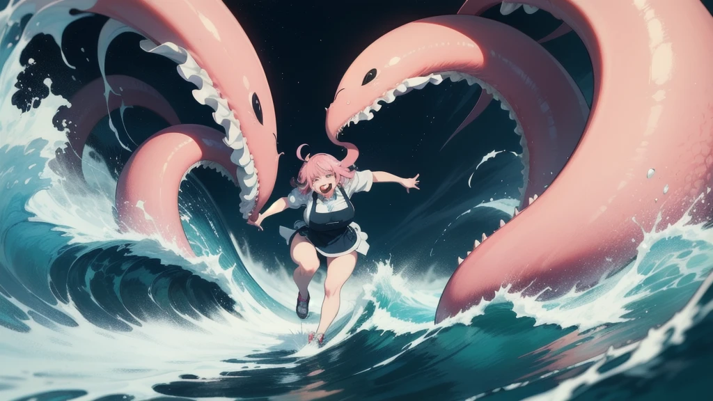 cecaelia, Scylla, thick tentacles, macro, masterpiece, best quality, light smile, ((tentacle wrapping)), red eyes, full body, vore, attacking ship