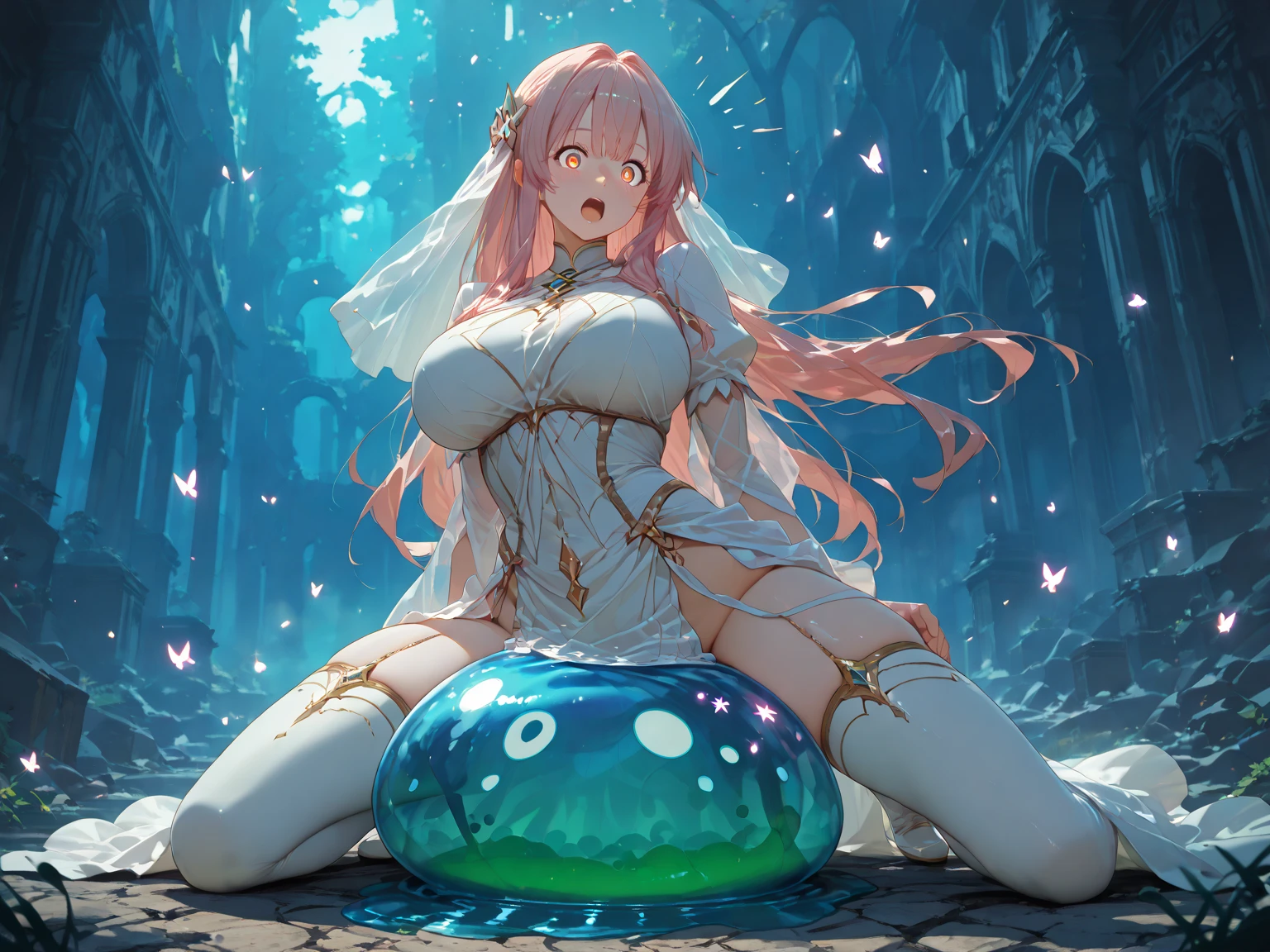 (Desert Abyss)
1girl bangs White Lace shoulders flax，Heavy cotton，刺绣丝绸
cleavage cutout
closed eyes
crescent
crescent facial mark
double bun
浅粉  Lace dress
facial mark
facing viewer
forehead mark
White Lace
﻿
飘逸 long hair
mini breasts
parted bangs
partially submerged
pink hair
red hair
solo
very long hair
wading
water，，Degenerator 