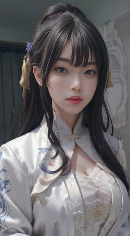 (White Printed Cheongsam),1 girl, (arms behind back:1.1),(Realistic:1.7),((Best Quality)),absurderes,(超A high resolution),(Photorealistic:1.6),Photorealistic,Octane Render,(hyper realisitic:1.2), (Photorealistic face:1.2), (8K), (4K), (masutepiece),(Realistic skin texture), (Illustration, Cinematic lighting,Wallpaper),( Big eyes:1.2),((((Perfect face)))),(cuanding),(Black hair), (Outdoors),(voluptuous breasts:1.2)