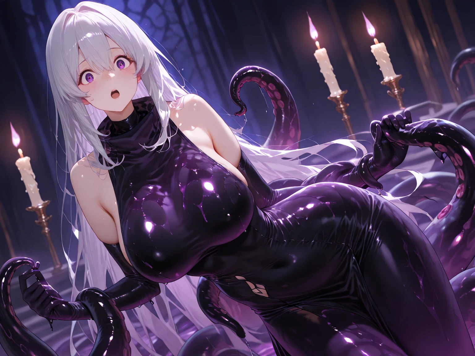 Quality; (((masterpiece))), (((best quality))), ((ultra-detailed)), (illustration), ((an extremely delicate and beautiful)),((perfect anatomy:1.3),extremely detailed cg unity 8k wallpaper,emphasizing beautiful body lines,nsfw,(more_details:1),
Settings; 1girl,
Character;very cute girl,doll,
Body; medium breastlack tentacles)),petite:1.6,tongue out,open mouth,long tongue,
Skin;beautiful skin,(pale skin:1.4,purple skin:1.4),glossy skin,oily skin,shiny skin,
Eyeeautiful detailed eyes),red eyes,smile,ecstasy,
Hair; beautiful detailed hair,silver hair,long hair,tentacle hair,
Composition; (depth of field),full body,
Background;perfect lighting,abyss,
Pose;(Inserting tentacles into the ,Tentacle ,produce tentacles from the ),TENTACLE , FELLATIO, ((restrained, captured, petrification, bound)),
Clothe;(Viscous silver liquid all over the body,spraying body silver fluids),(silver liquid dripping from the vagina:1.6),(body_unite), tentacles,arms behind back