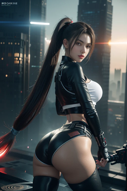 sexy cute beautiful Riley Reid, ((cyberpunk samurai mask covering her mouth and nose)), (((huge ASS))), ((big boobs)), (((slim thick))), (((skinny))), ((((ultra detailed)))), (((photorealistic))), 8k, orange eyes, (very long hair), ponytail hairstyle