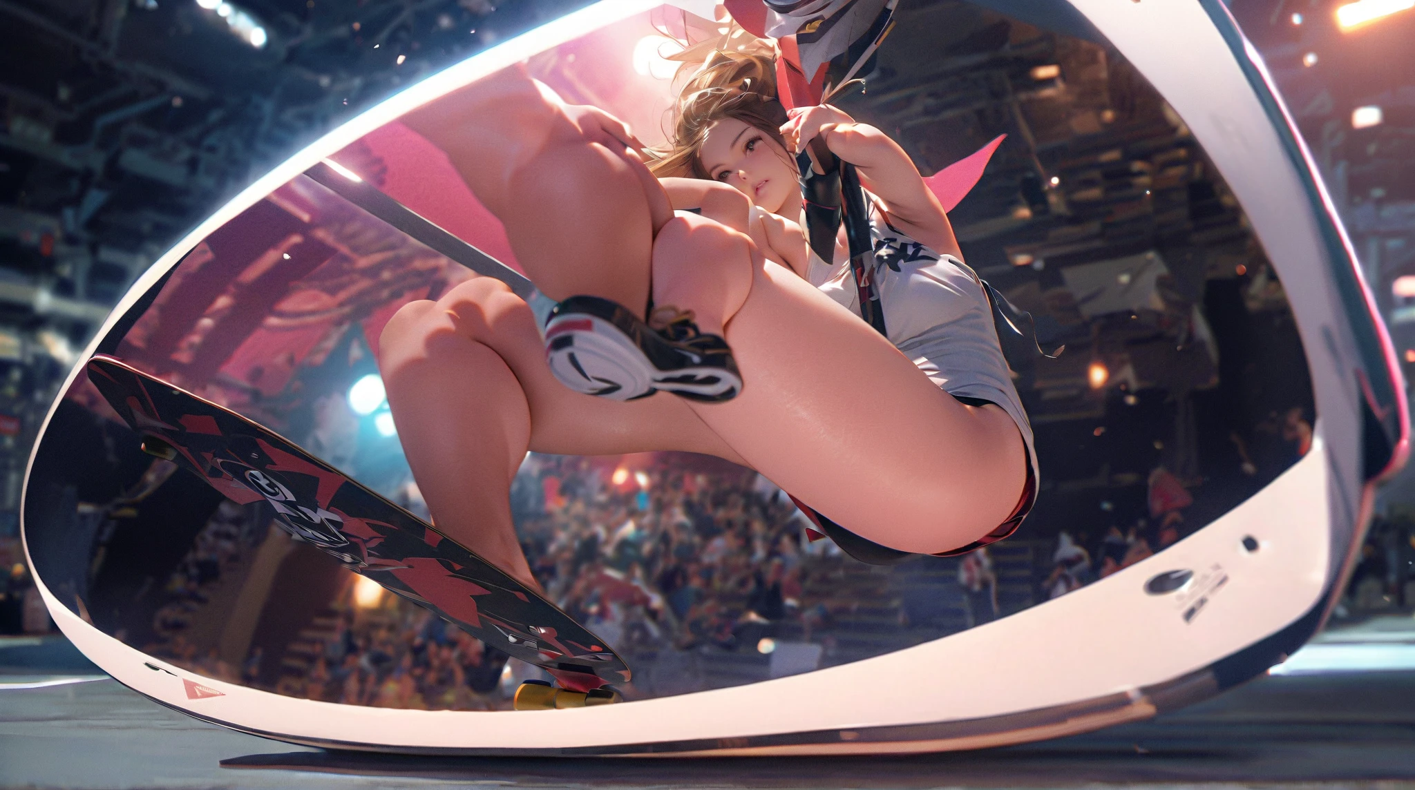 masterpiece, BEST QUALITY, HD, 4k, highres, ultra-detailed, ultra-realistic, UFC round-girl gets naked in the octagon, showing her butthole to viewers
