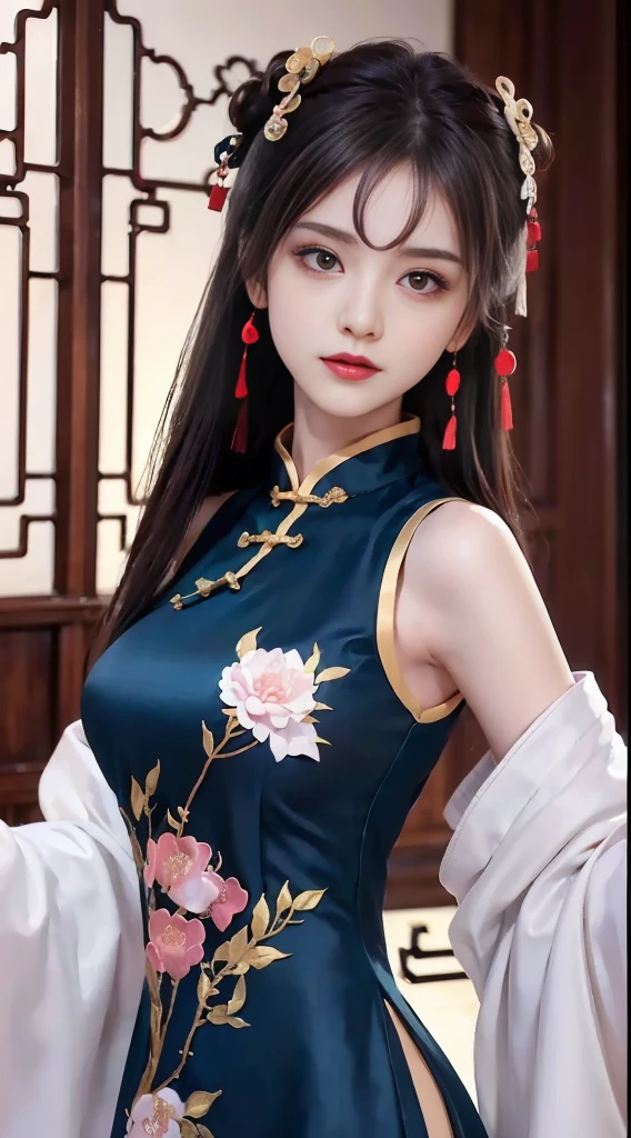 Non-、Realistic、Highest quality、Highest quality、masterpiece、Ultra-high resolution、RAW Photos、Realistic、Bright lighting、Face Light、Smooth Professional Lighting、Looking into the camera、alone、Adult female、Beautiful woman、Super Beauty、Realistic肌、Moisturized Skin、Realistic eyes and faces、Perfect model body shape、Beautiful Eyes、Big eyes、Inconspicuous tear bags、slim、Medium sized 、、Beautiful fingers、Very short hair、Jet Black Hair、Iris、Looks happy、(Both ears are hidden by hair)、(((Red costume)))、Fantasy World、(((Holy Lady)))、Inside the temple, Small , A konigsreuter,(no good:1.5), (Sleeveless High-Slit red cheongsam clothes:1.6),(from above:1.2),(Cowboy Shot:1.6),(Hands behind back:1.3)
