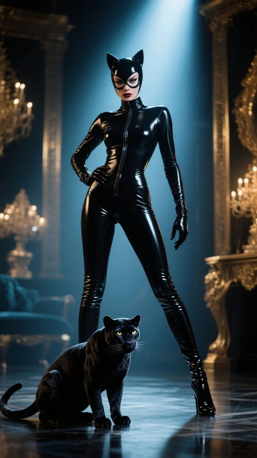 A skin tight intricate carbon catwoman catsuit, extremely detailed suit, micro-details, photorealism, one light, dark photo, deep shadows, shallow depth of field, photorealistic, Surrealism, high quality, masterpiece, 8k, 8k, super detail, full body portrait