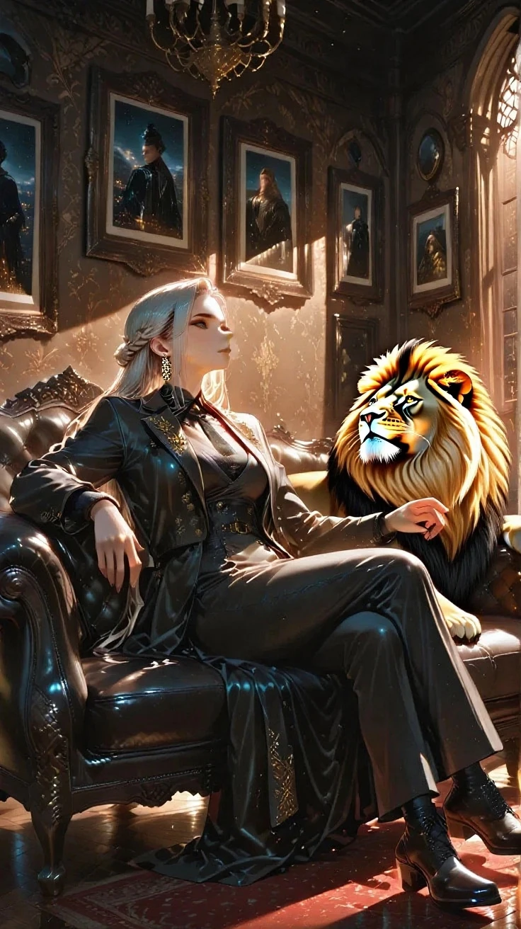 a realistic portrait of a woman with white long wavy hair and fair complexion sitting like a gangster on top of a love chair, with a white lion beside her. The character must wear a red mafia outfit. The background of the character is angels wing with a name KATRINA. the background color is black and red.