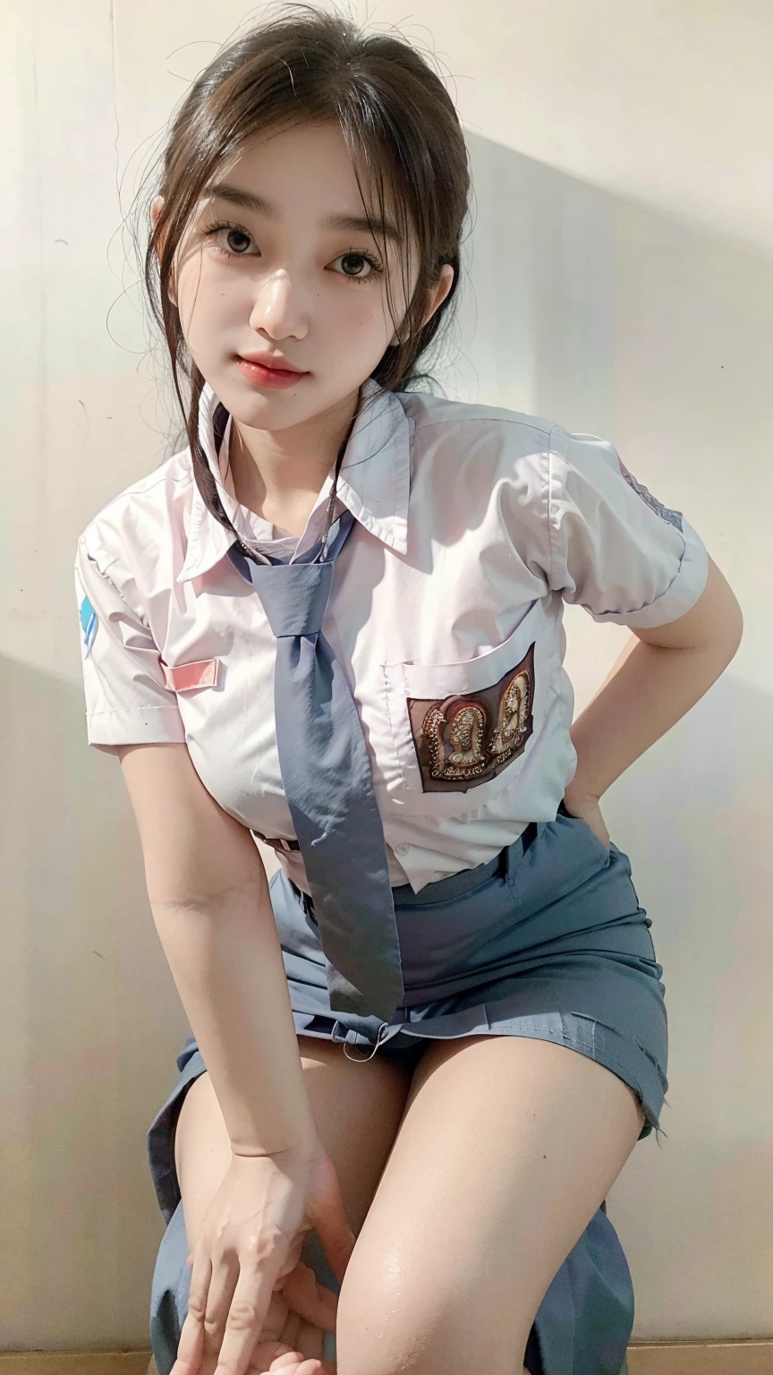 Selfie picture, RAW, Best quality, high resolution, masterpiece: 1.3), Beautiful young indonesian woman with short wavy hair, beautiful face, sex pose, stick on vagina, orgasm, showing vagina, open legs showing vagina, porn, creamy vagina, squirting, penis on vagina, on a top of stage show, ((senior high school clothes)), orgasm, highres, 4k, HDR, 1girl, realistic, big breasts, short wavy hair, ((whole body)) turning away facial at viewer, closeup, stage show background.