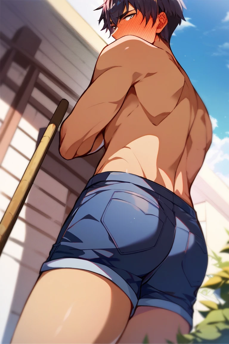 full body, 13 year old boy, cute baby face, firm body, sweat dripping, shiny skin, wearing triangle underwear, underwear bulging due to genitals, white underwear  , topless, shirtless, arms raised to reveal armpits, hands behind head (photo angle from bottom up)
