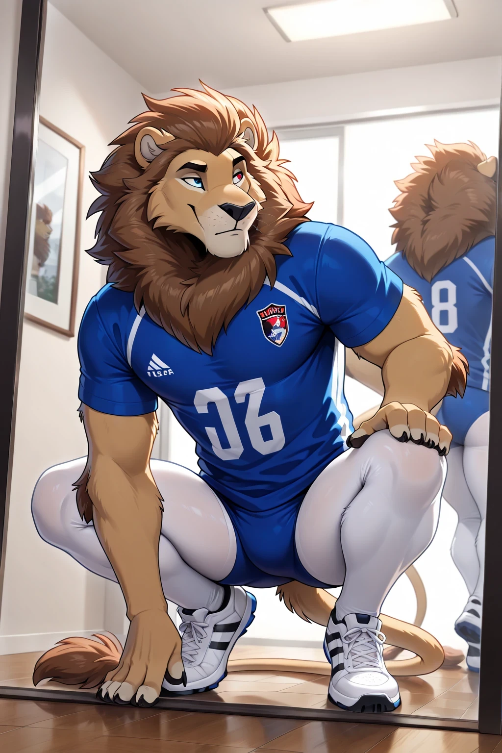 Wolf with red eyes, blue eye, Reflections,  full body, Anthropomorphic, Adult lion , without humans,   swimsuit ango76  ,    masterpiece, better quality,very aesthetic, newest,  anthropoid, mammal, 1, Clothes, Alone,  Sorry  ,  Sorry   Macho, sexist approach , blue eyes, posture bípeda DELANTE, male lion, hairy male , crouching,  posture, crouching claws,  lion's ears, High Resolution, blue soccer jersey,  white lycra tights american football, white sneakers, lion's cola , vista frontal, Alone