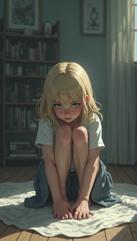 A scared young teen  woman sitting in a highchair. She has a pacifier in her mouth. Blonde pigtails