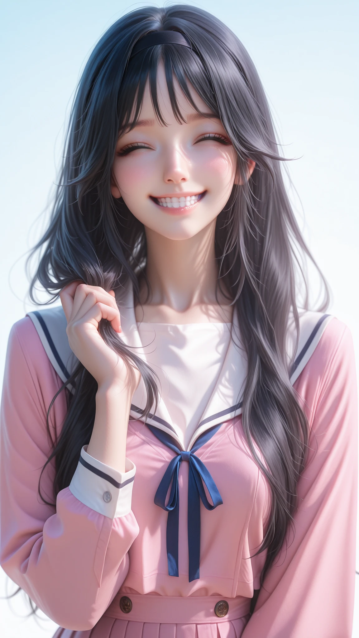waguri kaoruko, black hairband, school uniform, pink dress, white sailor collar, white shirt, serafuku, petite anime girl, black hair, long hair, calm expression, wearing a refined, blue ribbon,
1girl, solo, Hype4realistic, Realistic, Ultra-Realistic, looking at the viewer, half body, closed eyes, smiling, teeth, holding hair with one hand (left hand), four fingers in one hand