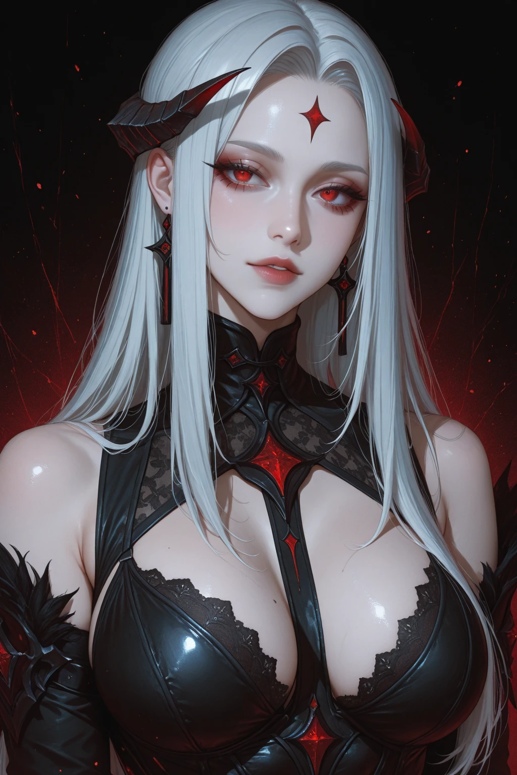 a demon with horns and white hair is posing for a picture, succubus, a demonic skin, Nectrotic skin, Burnt skin, female demon, hyperdetailed fantasy character, dark demon succubus, portrait of an demon queen, demon princess, of an elden ring demon, demon character with smirk, demon, demon queen, complex fantasy character, portrait of demon royalty