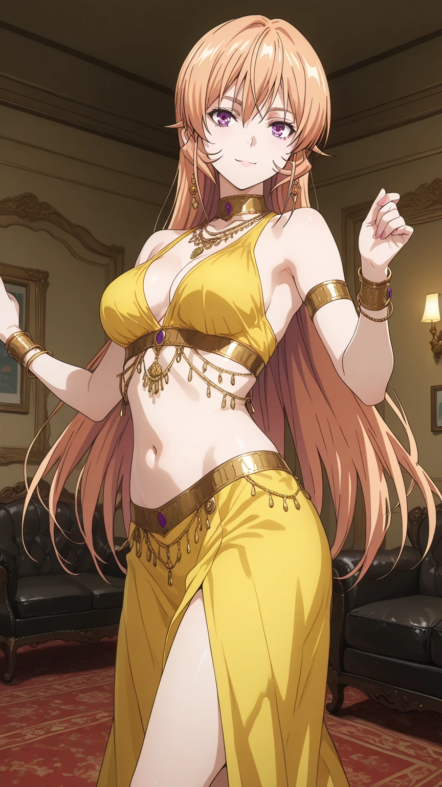 shikimori, medium breast, slim legs, , gown, navel, skirt, standing, beautiful eyes, blue eyes, nervous, arabian belly dancer