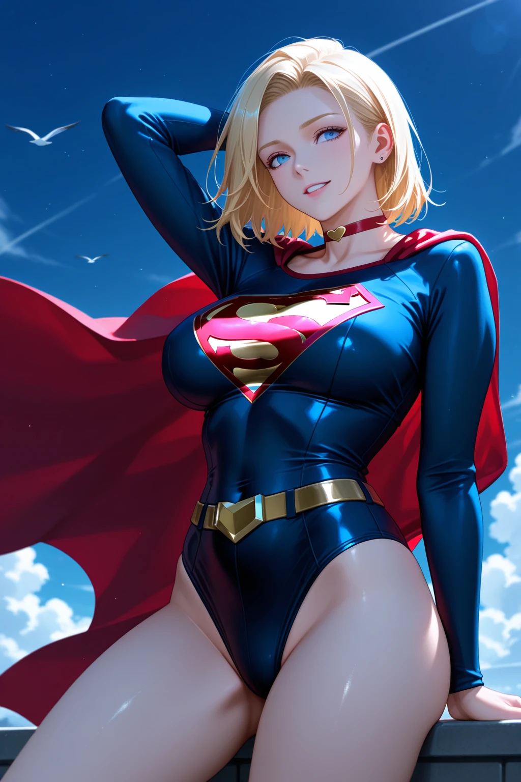Corps de femme ensemble gros seins, Robe de costume de Supergirl, Qualité 16k, hyper détaillé avec des collants noirs bas noirs, tenue moulante, plusieurs mains tir les vetements