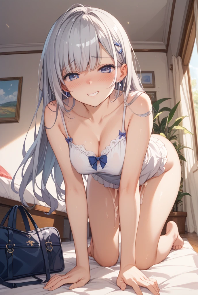 shiroko_bluearchive, big breasts,(young :1.3),Bunny Girl,Long hair,ass up wait,White rabbit tail,expose her nipples,white rabbit ears,Off-shoulder,Bare shoulders,sleeveless,red ribbon tie,White渔网袜,Nightclub,White light,light and shadow,In the crowd,Enjoy face,all on fours,Full face blush,Smile,White,full body,