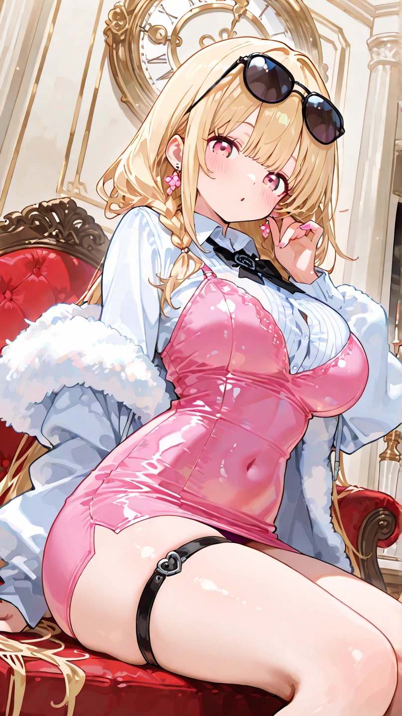 highest quality、Ultra-high resolution human body、The perfect human body、Clear lines、Two Arms、Two legs、((Five Fingers))、Delicate fingers、Low angle shot:1.5、((Showing panties:1.5))、((Light blonde hair:1.4))、((White sexy silk panties))、((Her tiny thong panties are tucked between her legs))、((Panties close up:1.4))、((very large firm breasts:1.6))、((Sexy golden lingerie made from the finest silk:1.5))、((Close up of open legs:1.5))、((Shiny light pink nipples:1.3))、((Pull your head back and arch your chest:1.3))、Twin tails up to the waist、Delicate hair type、fluffyの髪、Curly Hair、Silk maid outfit、Maid clothes with wide open chest、White silk knee socks、A cute and beautiful face down to the last detail、(PurerosFace_v1:0.008)、eyeliner、blush、Embarrassing、Glare、 Glossy lips: 1.4, impatience、Panty Appeal、Panties close up:1.3、blush、Open your knees、Spread your legs、Disheveled clothes、Bright green eyes、Cute ribbon、Shiny gold leather high heels、Stiletto heels、transparent、Glowing White Skin、Sweaty chest、Bell earrings、Shining bright colors、Clear contours、Floral Hair Accessories、Small white gloves made of thin silk、stylish、kind、soft、High-end furniture、stylishな編み込み髪、Scrunchies on the wrist、Ribbon with bell around neck、Big eyes、Silky smooth texture、Color unification、Luxurious canopy bed、garter belt、Droopy eyes、Light blush on the cheeks、Put one hand over your mouth、Midday sunlight filtering through lace curtains、Bright interior、happiness、はっきりとしたBig eyes、Bright expression、M-shaped foot、Arabic style columns、Tilt your head、Laugh gently、非常にDelicate fingers先、Detailed and vibrantly colored floral wallpaper、Tea set、A small gold watch on one wrist、The leather corsets、Eyes that shine like jewels、Symmetry in clothing and accessories、fluffy、Finest Silk、attractive appearance、Plaid、明るいピンクColor unification感、Emphasizing the depth of the human body、Sharp camera angles、See through、フリルの付いたfluffyの可愛い白いエプロン、Gold manicure、Open your mouth a little、
