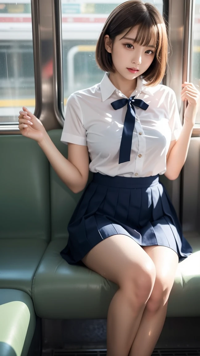 Japanese Girls、18歳の女の子、ple short hair、Blond Hair、bangs、BROWN EYES、Perfect figure、Sense of transparency、luster、gloss、modest chest、School Uniforms、Navy blue ribbon、Light blue shirt、Navy blue skirt、Guangyue、Burning body、hposing Gravure Idol、On the train、Beautiful feet、Strong sunlight、Nasty、Rain-drenched body、wet