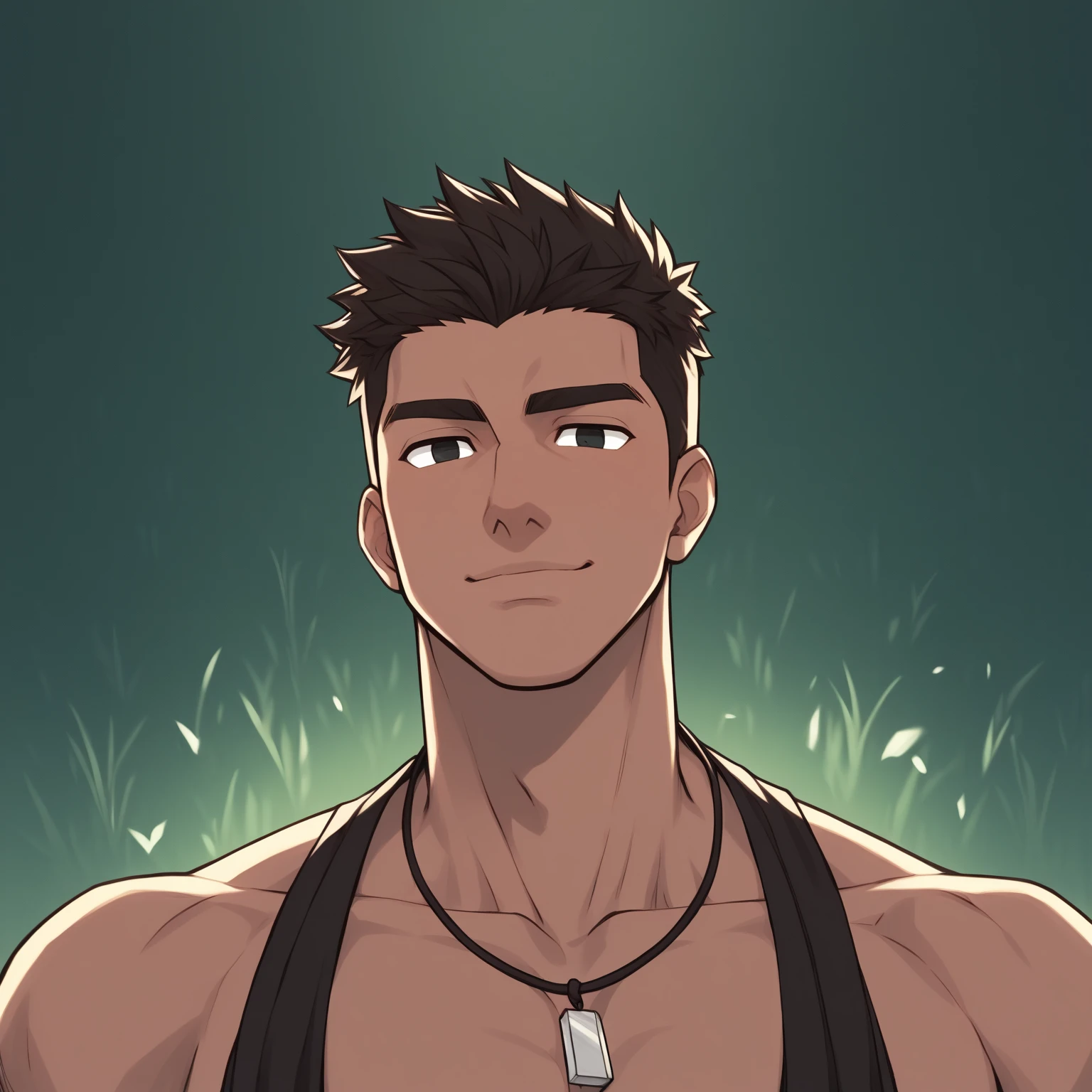 A creature that looks like a short boy, with red, spiked hair , slim face bright eyes , big teeth , brunette skin ,  and with torn shorts in the forest at night 