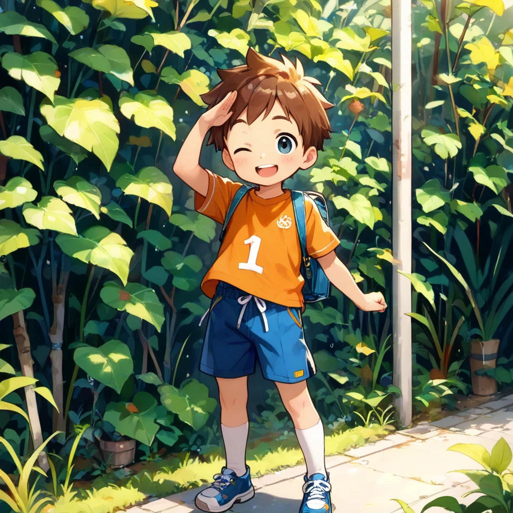 Anime style,Summer sky、Into the cloud、1boy,Little Boy,Boy climbing a large oak tree towering over a hill。Cheerful boy。Tank Tops、breeches、sneakers、show his armpit, focus on the armpit, shine closer to the armpit。boy focus