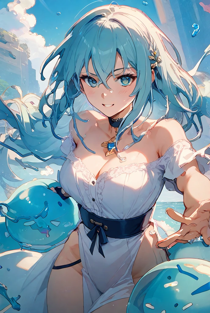 1 girl,best quality, masterpiece, 4k, high resolution,straight hair,light blue hair,blue eyes,water