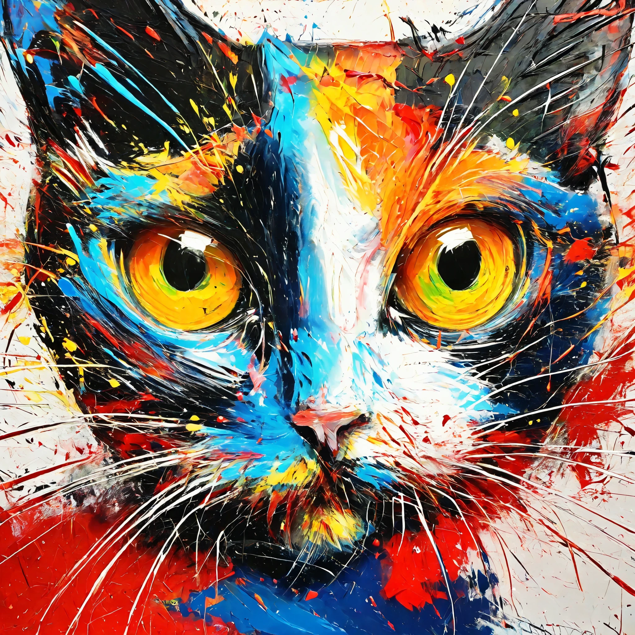 rugged paint texture、Cat drawn with oil paint、face up、Texture of rough paint facing diagonally upwards、colorful、colorfulな毛並み、Impasto（Impasto）、 sputtering 