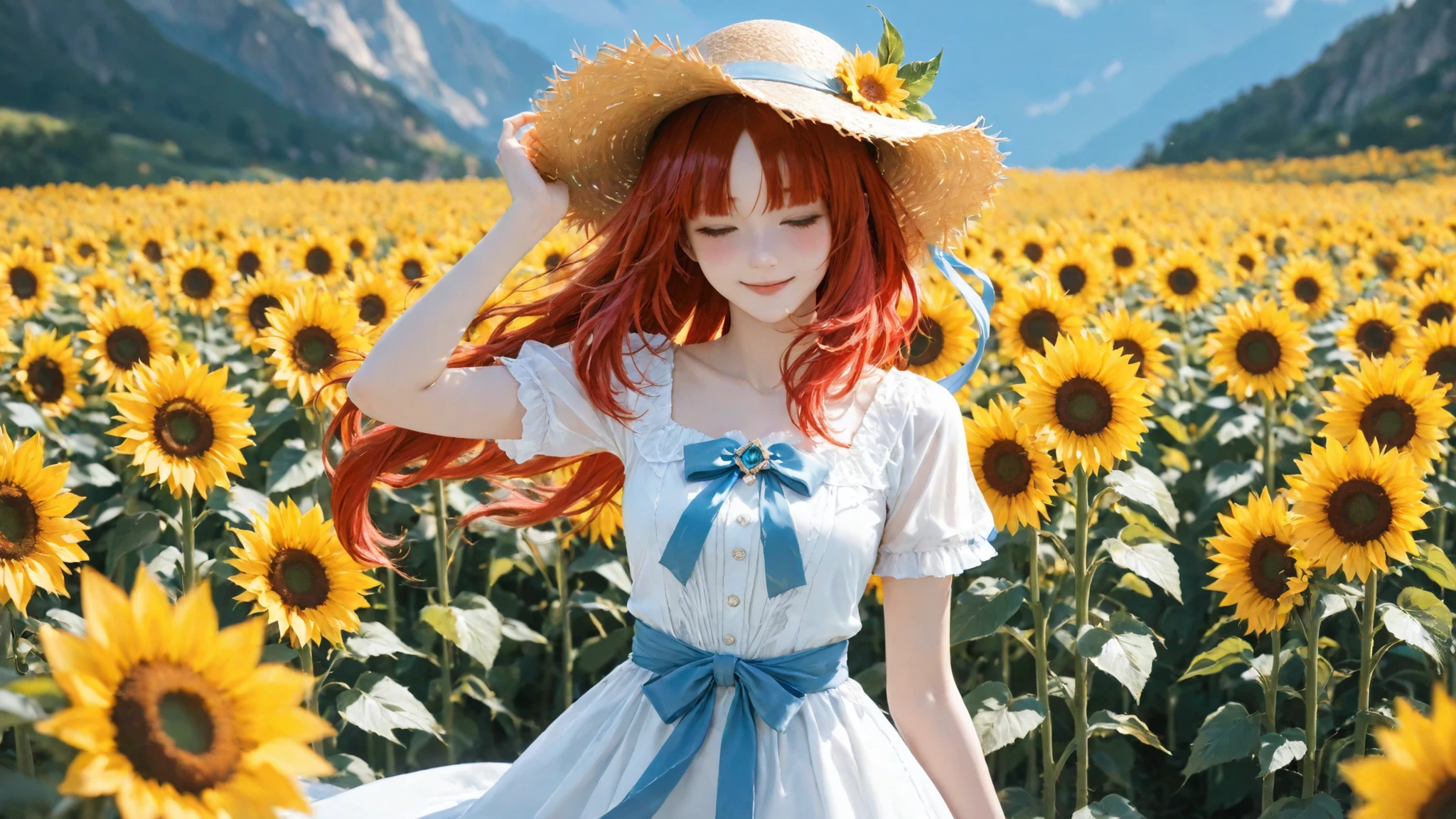 masterpiece、Top Quality、 4K、masterpiece、 Ultra High Definition 、Flower field、Sunflower field、evenings
Genshin_Nilou, 1girl, yong girl,with a young face,A perfect smile,blush,Red hair、Straw Hat、white dress、Short sleeve、light blue ribbon、
upper body、Wind Blows、hat with one hand、to the enemy,profile