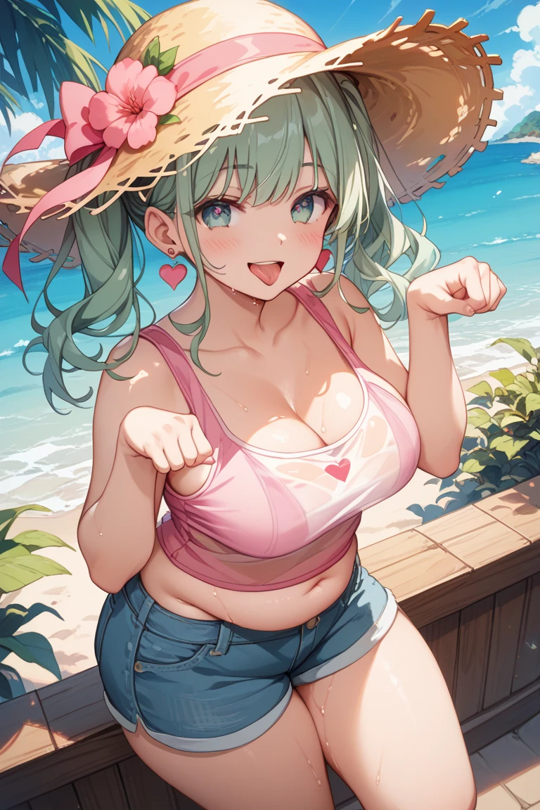 Girl, watermelon, short green hair, red eyes, watermelon costume, big breasts, exposed belly, watermelon hat