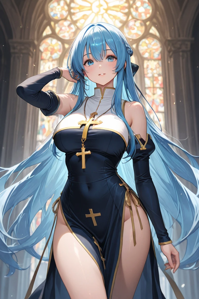 Young beautiful woman,(Highest quality,Extremely detailed depiction,Incredibly absurd high resolution,Anatomically accurate depiction,Curvy Legs),(Glowing Skin,Shiny skin,Oilskin),(Nun,複雑な光沢のあるのNunの服),eyelash,(Intensely glowing purple eyes,Crazy Eyes,There is cleavage in the chest,A seductive smile,Glossy Lips,Seductive gestures),Sweat,whole body,background:Bedroom at night