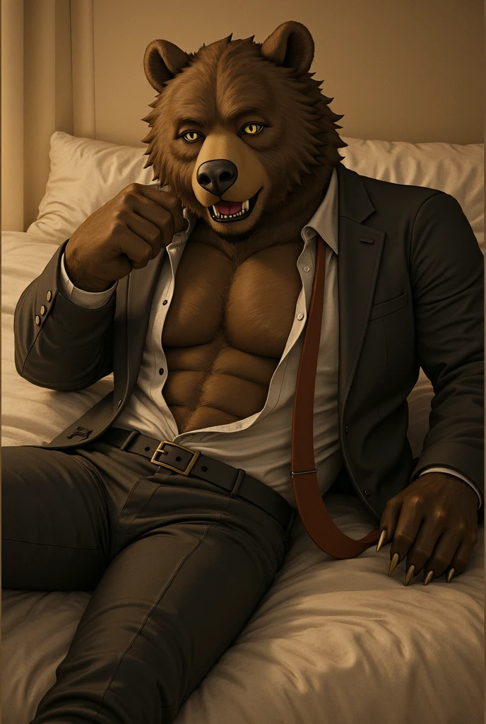 solo, male, brown and dark brown german shepherd, bottomless, (dark gray suit with red necktie, pants rip open, torn_pants, brown shoes), brown pubes, presenting his vagina pussy, (Portrait Focus), head to foot, laying back on a bed, looking at viewer, high detailed, masterpiece, motel bedroom background, by Kenket