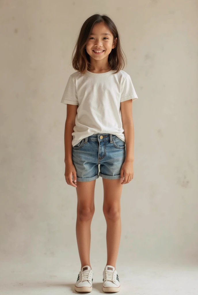 ((High definition, masterpiece, 8k, digital photography)), ((Full body)), natural illumination, a young girl, cute face, young face, happy, american girl, brown straight hair, blue eyes, standing, slender body, slim body, ((Black shirt)), ((Denim shorts)), ((Barefoot)), ((looking at viewer)), ((Dark background))