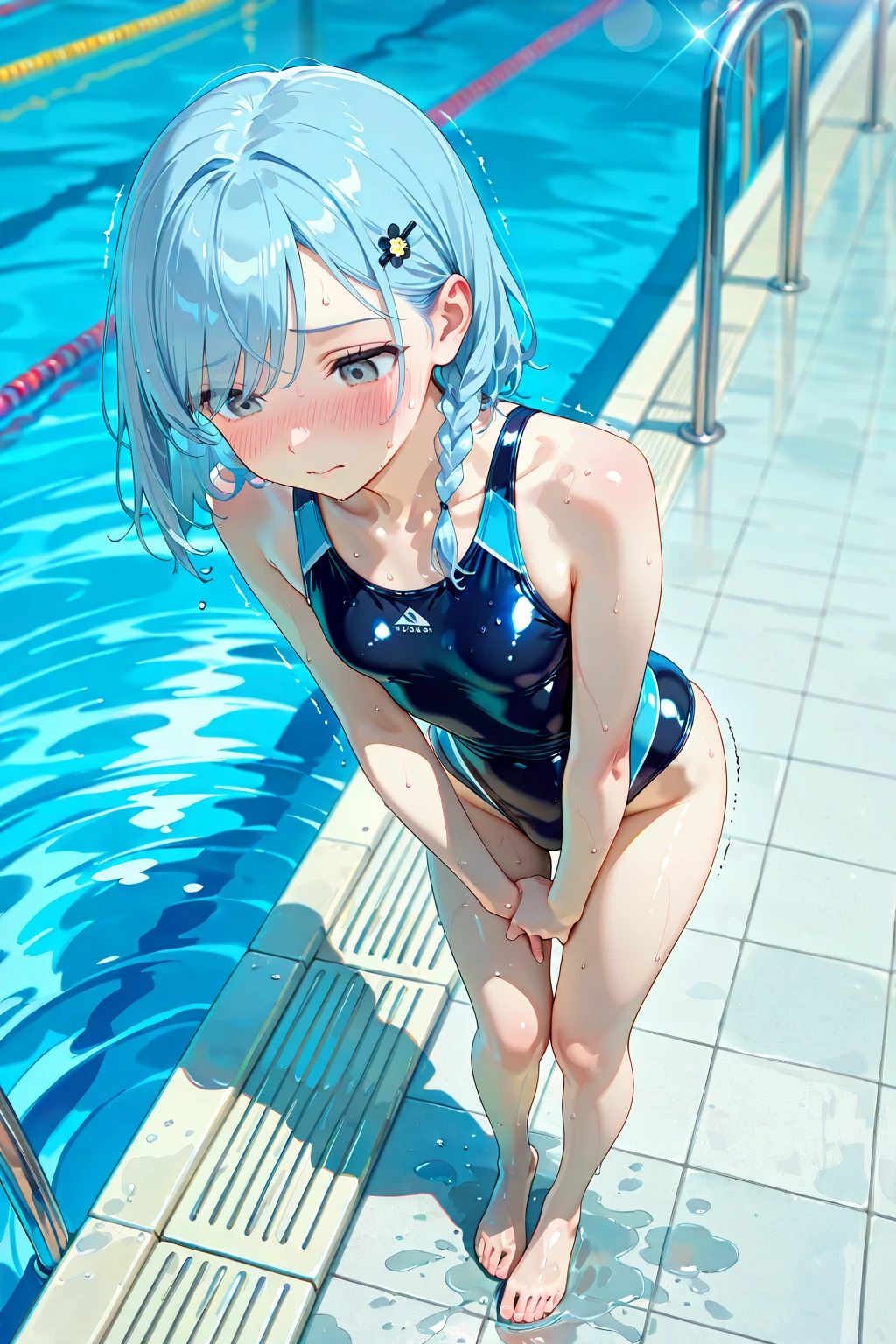 (Unity 16K Wallpaper, Masterpiece, Best Quality, Ultra-Detailed, Extremely Detailed CG, Caustics, Cinematic Lighting, Detailed, Beautiful Detailed Eyes, solo,pool side),Ultra High Resolution, fine skin、sexy,curby,nsfw,(school swimsuit:1.3), small breasts,14 years old、blue eyes、blue hair,permed hair, blush, angry,sitting, spread legs wide, pixie cut, aroused, horny