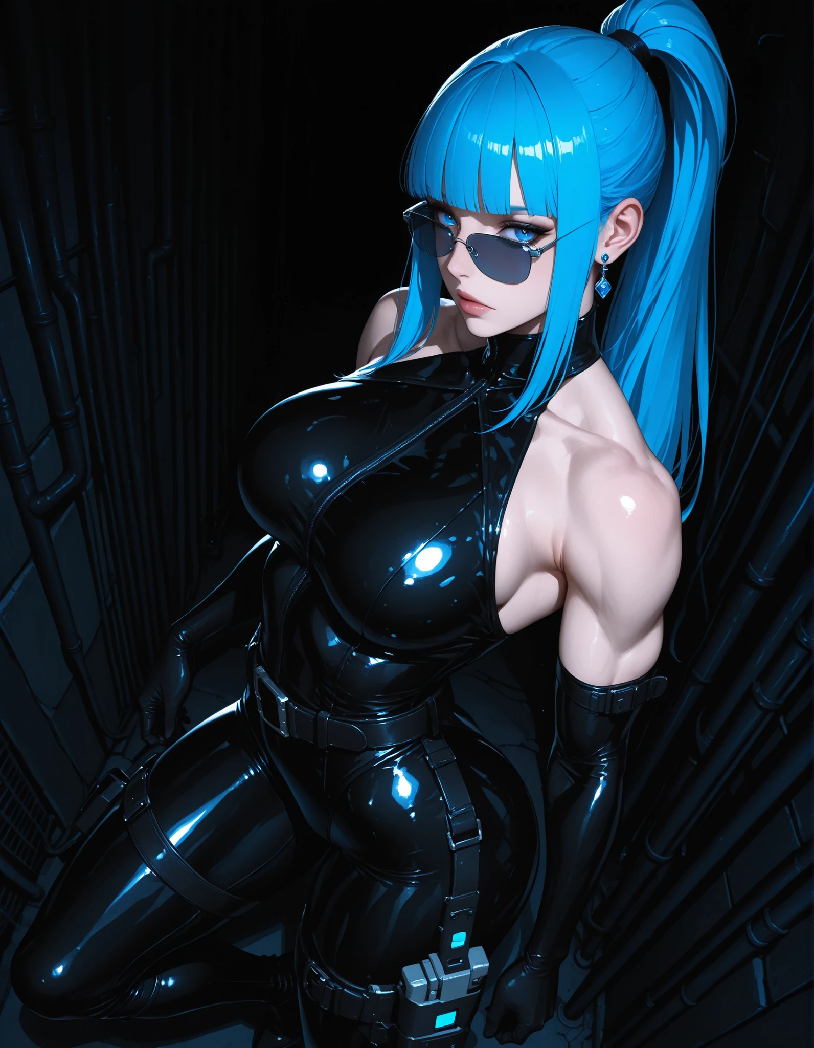 (1 girl:1.3)、Pokimane, Streamer Pokimane, solo、super realistic, super detailed、best quality、((((dark blue crop top, dark blue miniskirt, dark blue cross strap high heels, dark blue leather jacket, dark blue tinted sunglasses resting on top of head, dark blue bow on top of hair)))), light smile，the biggest：1.4, ((((extremely wide hips, extremely busty, extremely big breasts, extremely big ass, very thick thighs, nipples poking through clothing)))), on black fashion show stage background, neon lights in background, close up body view, crossed arms,