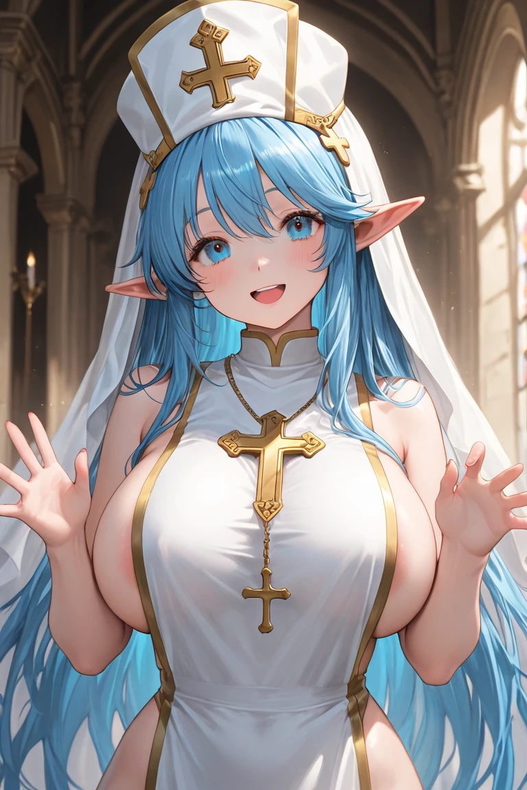 High resolution, Very detailed, perfect lighting, Beautiful detailed blue eyes, ((masterpiece,Best Quality)), absurdities, alone, princess zelda, by the width, crown braid, Hair clip, pointy ears, Elegant Sparkly Pink Bodycon Wedding Dress, Gloves without fingers, black gloves, smile, curves, deep neckline, deep neckline, Elegant Sparkly Pink Bodycon Wedding Dress, Primer plano frontal, close up, close up, bare breasts, bare breasts, visible nipples, visible nipples, grabbing her breasts in a sexy way, grabbing her breasts in a sexy way, pink hair, looking straight ahead, looking straight ahead, Cum on breasts, Cum on breasts