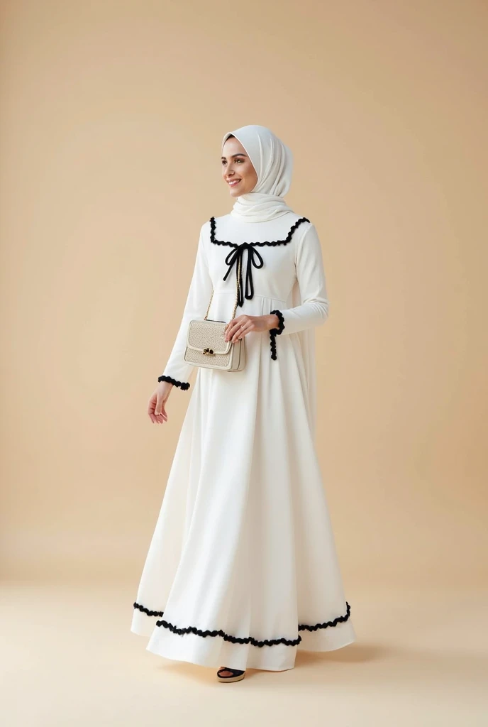 Hyper smooth photography of a beautiful indonesian woman with black boots, white long dress with cute ruffles,  black hijab with gold earing hijab. Look at the camera with sweet smile. Back ground big building in the centra city. Hyper details with ultra hd final result