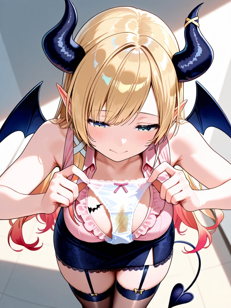 (best quality, highres, masterpiece : 1.4), (flatten art : 0.8), masterpiece, (best quality), dark environment, 1woman, anime, shoulder-length light blonde hair, very long side-swept bangs, fair skin, deep red eyes, heart shape pupils, cupid wing, pointy ears, medium sized breast (uncovered, with 1 small heart tattoo), sadistic moan, (detailed face), night, bedroom, close-up, hentai, (undressed white dress), seducing, alluring, enticing, cowgirl position, woman-on-top sex, porn, sweating, moaning, pov, cumming