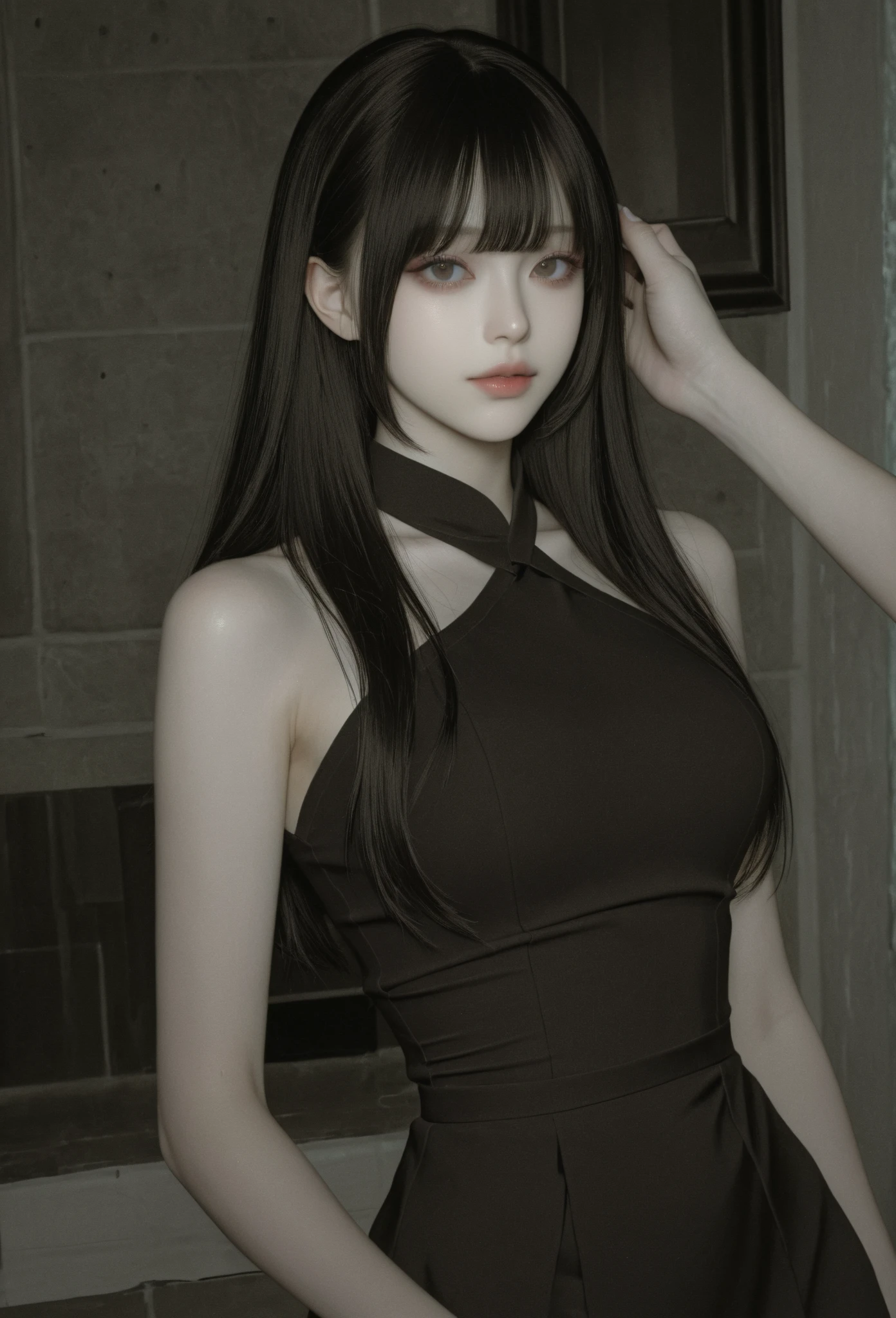 masterpiece, high resolution, beautiful woman, Korean Beauty, 30 years old, black sleeve less sweater, mini pencil skirt, beautiful woman, night hotel, standing and looking at me, high resolution face, (high resolution eyes), black hair, little 
